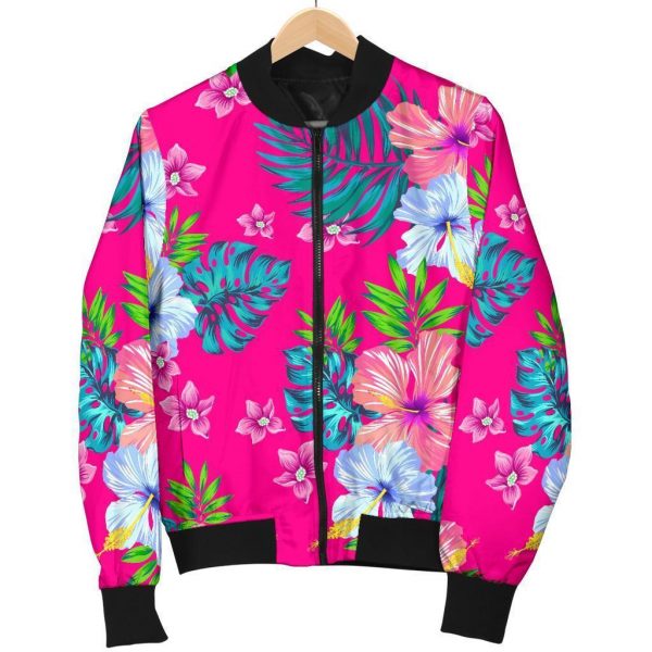 Hot Pink Aloha Hibiscus Pattern Print Bomber Jacket
