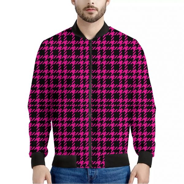 Hot Pink And Black Houndstooth Print Bomber Jacket