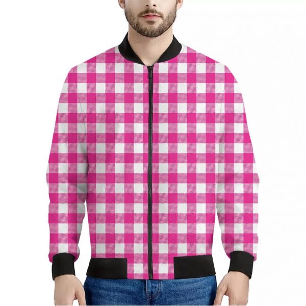 Hot Pink And White Buffalo Check Print Bomber Jacket