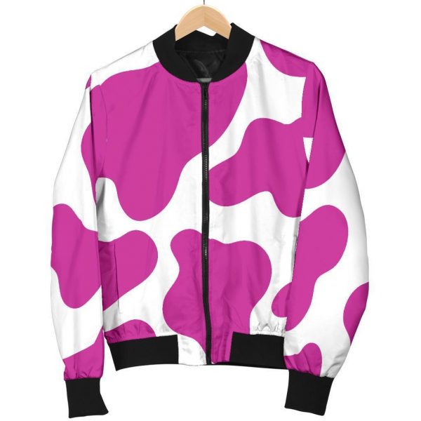 Hot Pink And White Cow Print Bomber Jacket
