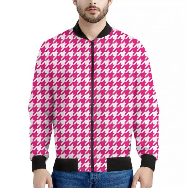 Hot Pink And White Houndstooth Print Bomber Jacket