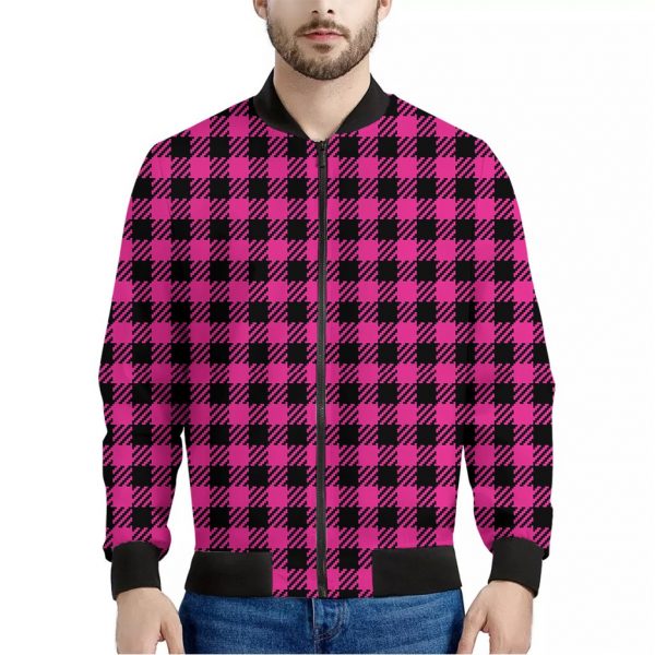 Hot Pink Buffalo Plaid Print Bomber Jacket