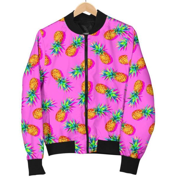 Hot Pink Pineapple Pattern Print Bomber Jacket