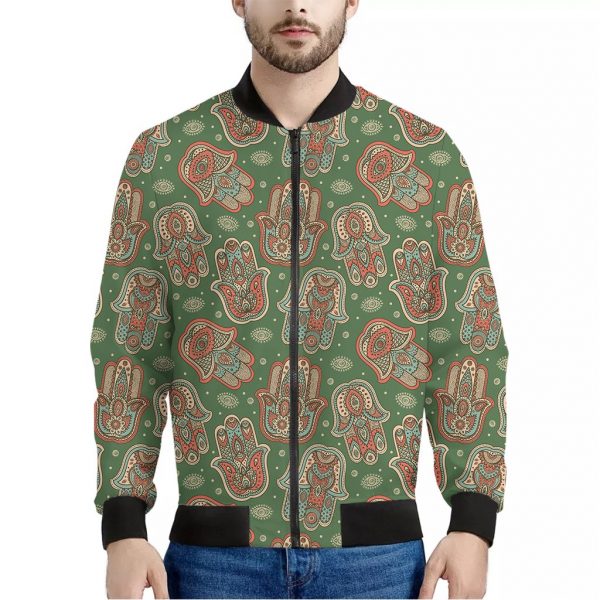 Indian Hamsa Pattern Print Bomber Jacket