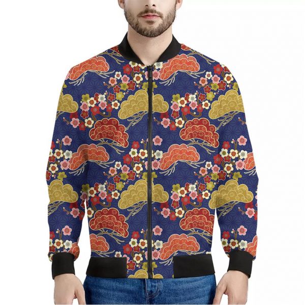 Japanese Cherry Blossom Pattern Print Bomber Jacket