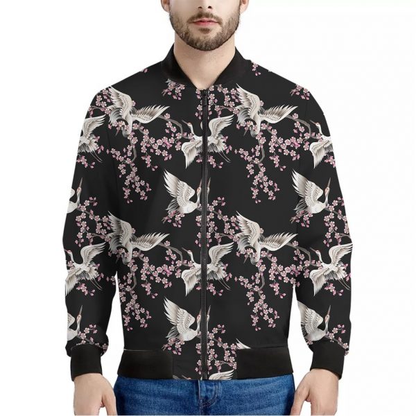 Japanese Crane Bird Pattern Print Bomber Jacket
