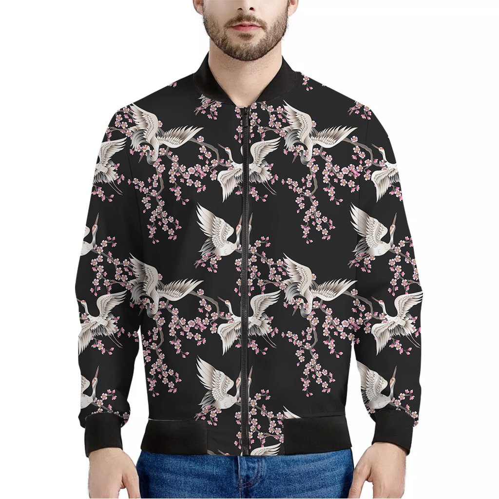Japanese-Crane-Bird-Pattern-Print-Bomber-Jacket Japanese Crane Bird Pattern Print Bomber Jacket