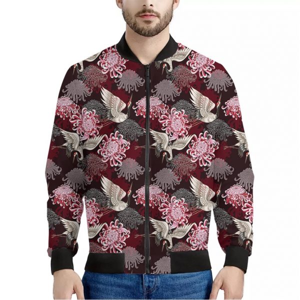 Japanese Cranes And Chrysanthemums Print Bomber Jacket