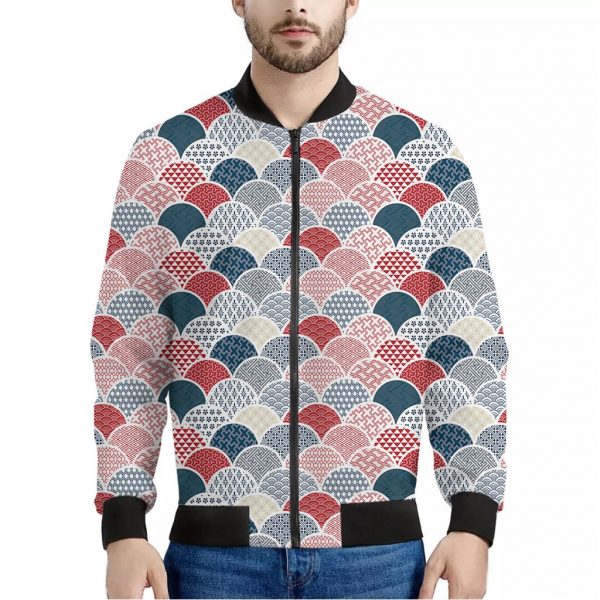 Japanese Geometric Pattern Print Bomber Jacket