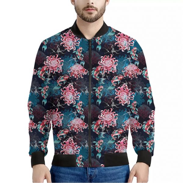 Japanese Koi And Chrysanthemums Print Bomber Jacket