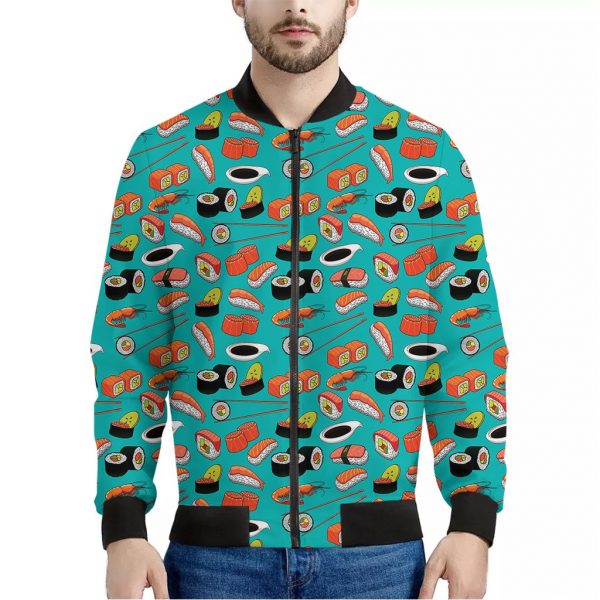 Japanese Sushi And Rolls Pattern Print Bomber Jacket