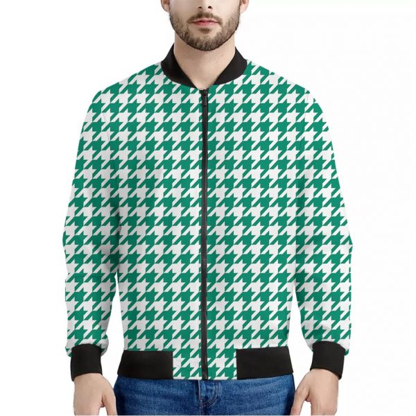 Jungle Green And White Houndstooth Print Bomber Jacket