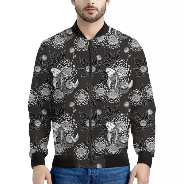 Koi Carp And Chrysanthemum Pattern Print Bomber Jacket