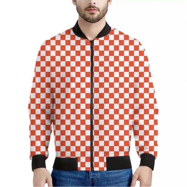 Lava Orange And White Checkered Print Bomber Jacket