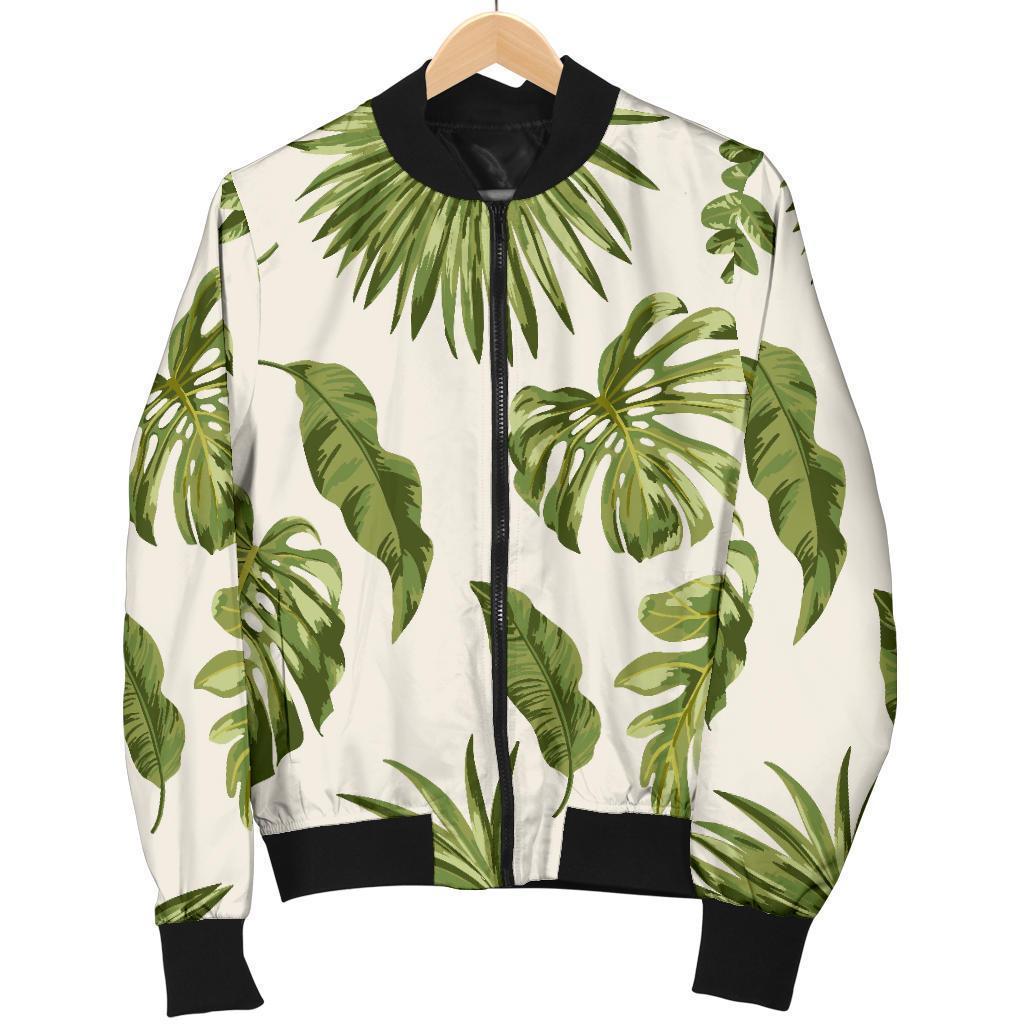 Light-Tropical-Leaf-Pattern-Print-Bomber-Jacket Light Tropical Leaf Pattern Print Bomber Jacket