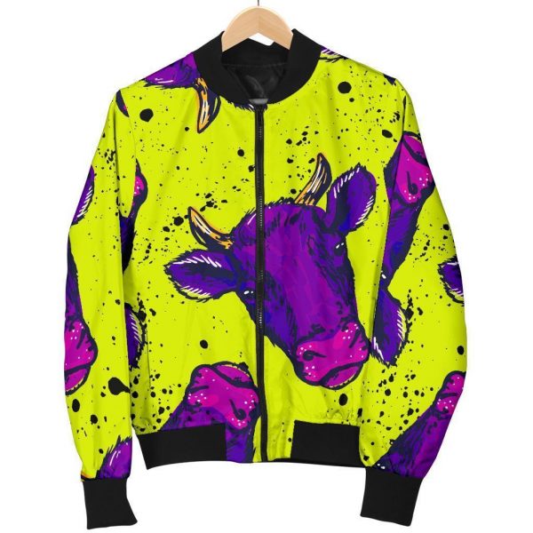 Lime Green And Purple Cow Pattern Print Bomber Jacket
