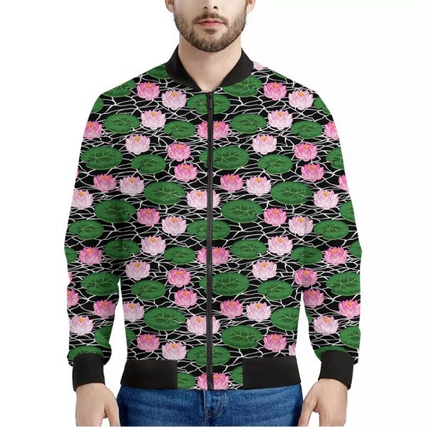 Lotus Flower And Leaf Pattern Print Bomber Jacket