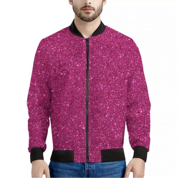 Magenta Pink Glitter Texture Print Bomber Jacket