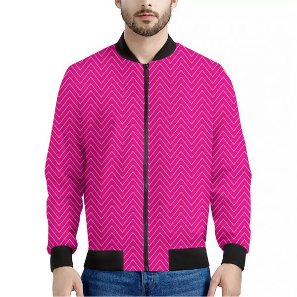 Magenta Pink Zigzag Pattern Print Bomber Jacket
