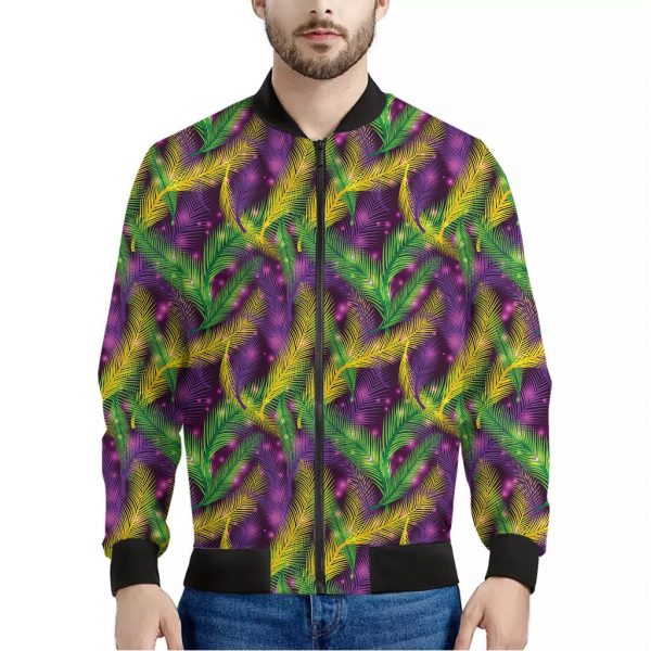 Mardi Gras Palm Leaf Pattern Print Bomber Jacket