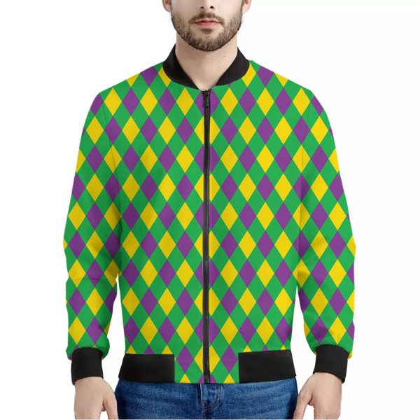 Mardi Gras Plaid Pattern Print Bomber Jacket