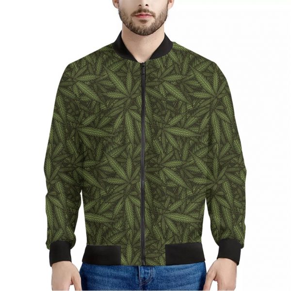 Marijuana Leaf Pattern Print Bomber Jacket