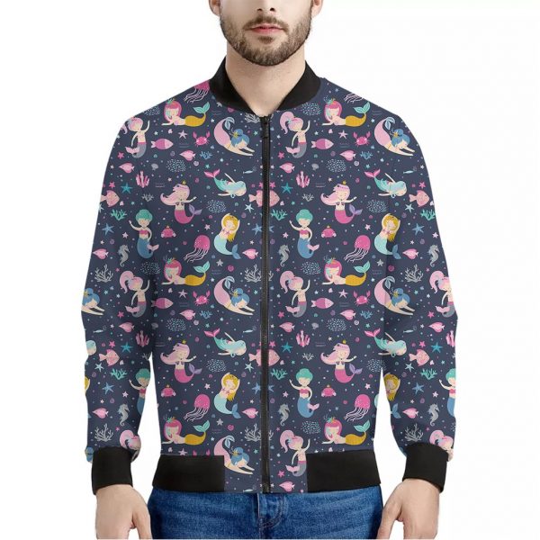 Mermaid Cartoon Pattern Print Bomber Jacket