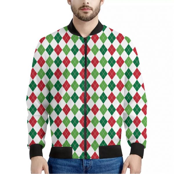 Merry Christmas Argyle Pattern Print Bomber Jacket