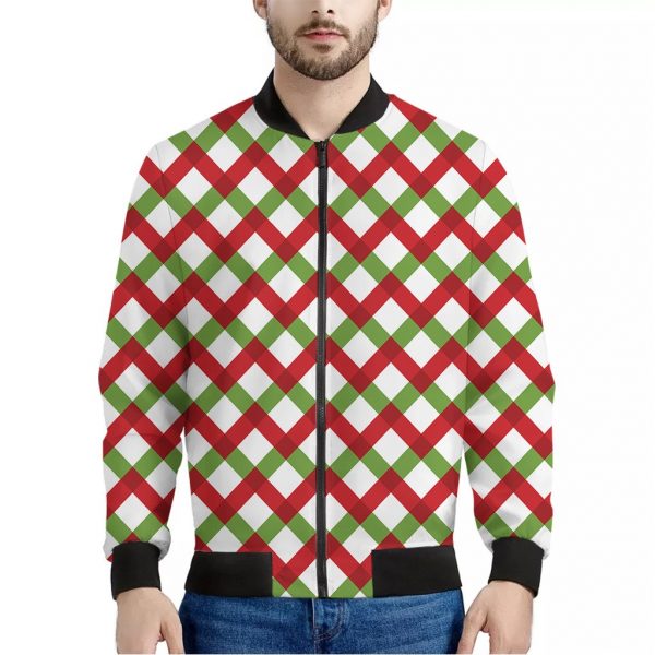 Merry Christmas Checkered Pattern Print Bomber Jacket