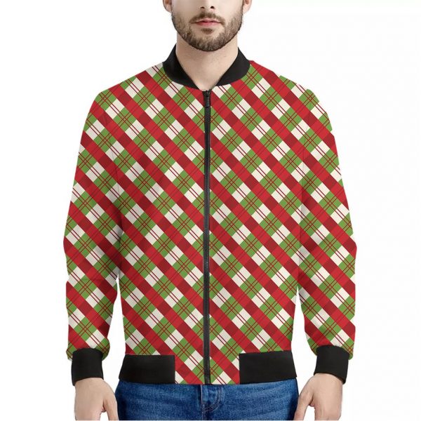 Merry Christmas Plaid Pattern Print Bomber Jacket
