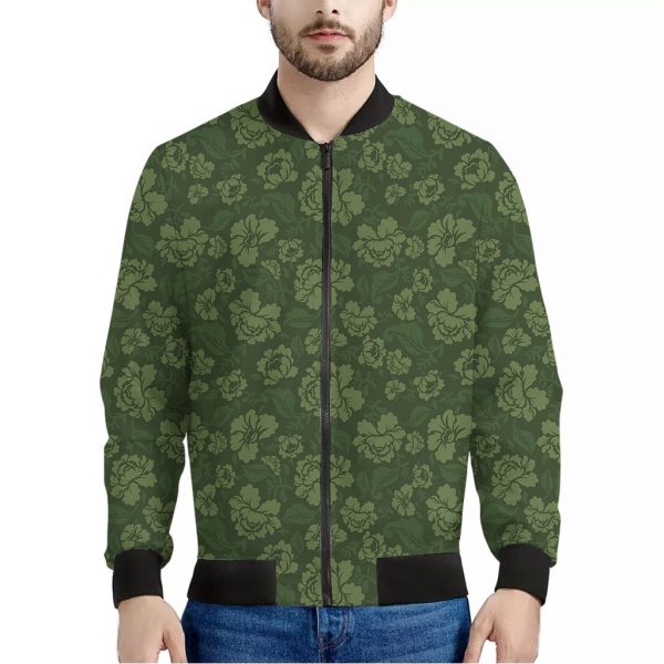 Military Green Camo Flower Pattern Print Bomber Jacket