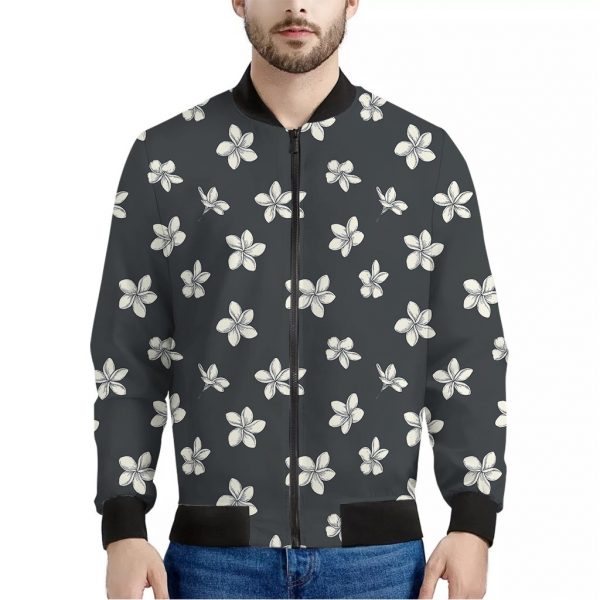 Monochrome Plumeria Pattern Print Bomber Jacket