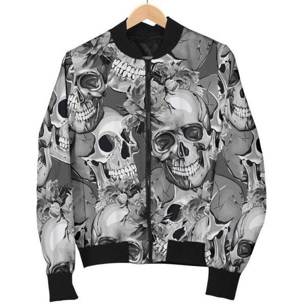 Monochrome Skull Flowers Pattern Print Bomber Jacket