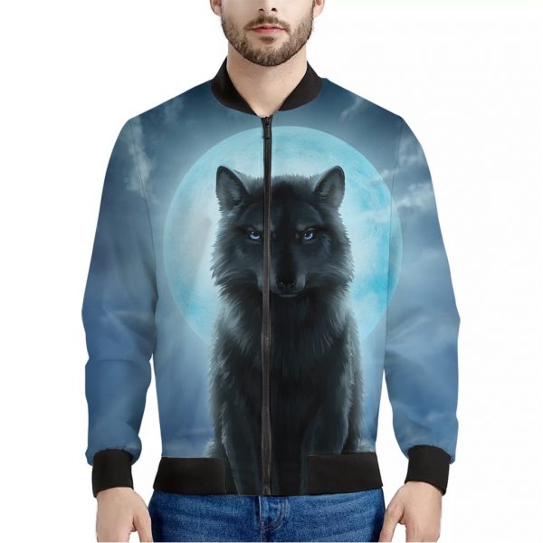 Moonlight Wolf Print Bomber Jacket
