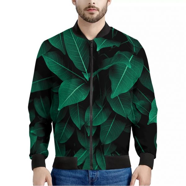 Natural Green Leaf Print Bomber Jacket