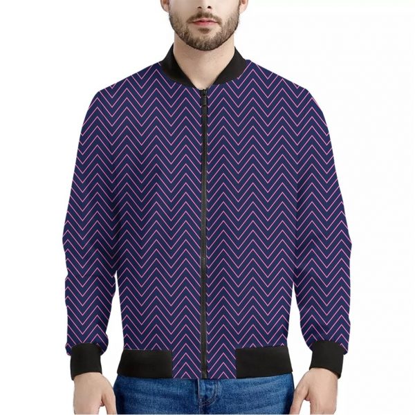 Navy And Pink Zigzag Pattern Print Bomber Jacket