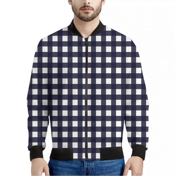 Navy And White Check Pattern Print Bomber Jacket