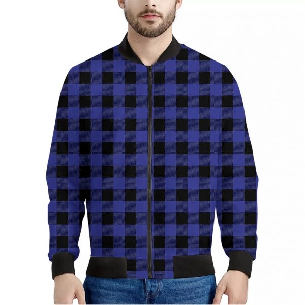 Navy Blue And Black Buffalo Check Print Bomber Jacket