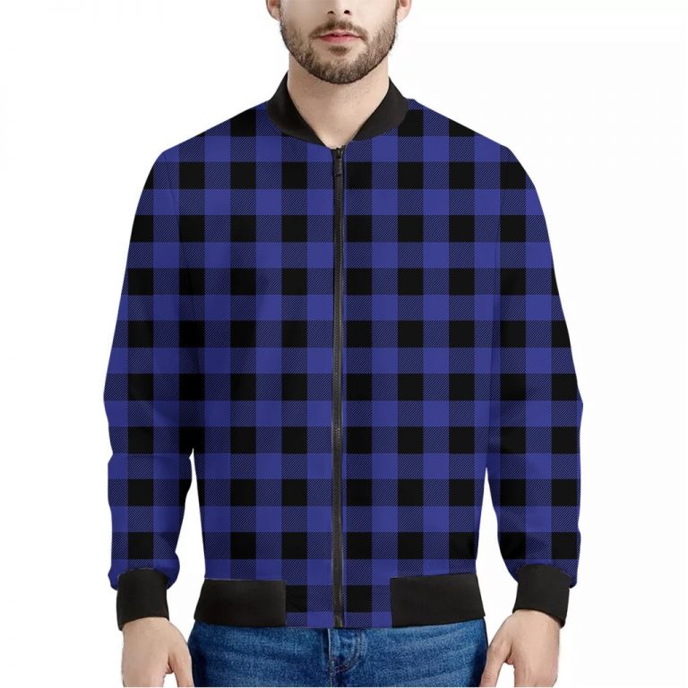 Navy Blue And Black Buffalo Check Print Bomber Jacket