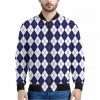Navy Blue And White Argyle Pattern Print Bomber Jacket
