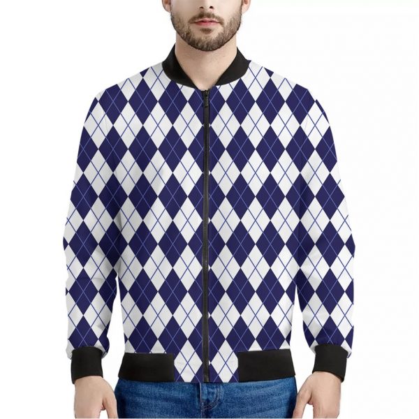 Navy Blue And White Argyle Pattern Print Bomber Jacket