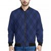 Navy Blue Argyle Pattern Print Bomber Jacket
