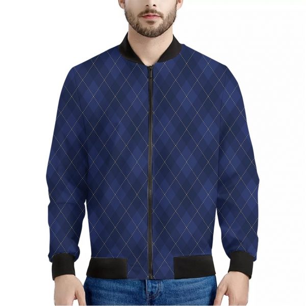 Navy Blue Argyle Pattern Print Bomber Jacket