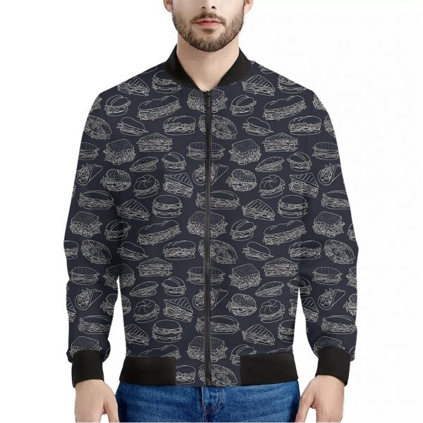 Navy Doodle Sandwich Pattern Print Bomber Jacket