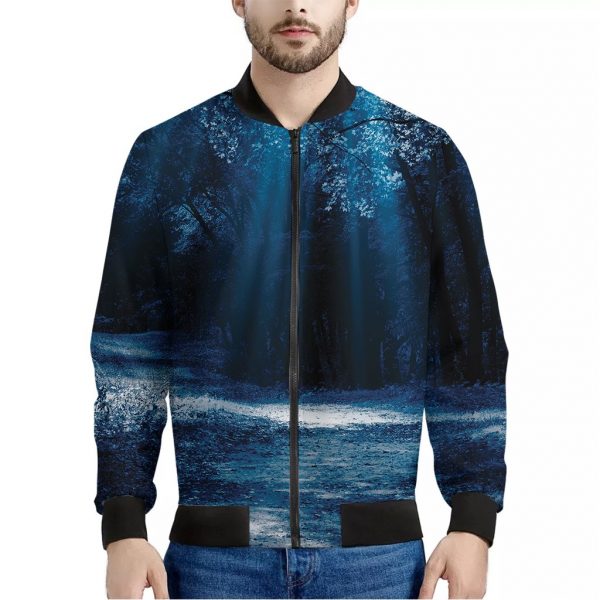 Night Forest And Moonlight Print Bomber Jacket