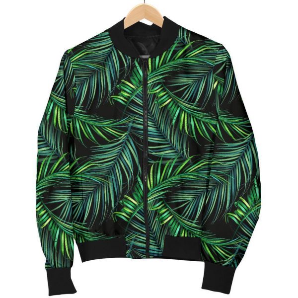 Night Tropical Palm Leaves Pattern Print Bomber Jacket
