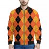 Orange And Black Argyle Pattern Print Bomber Jacket