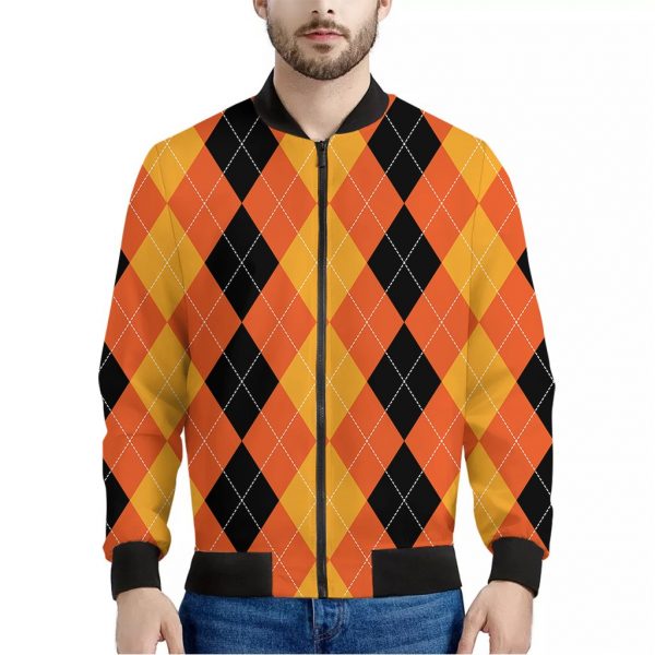 Orange And Black Argyle Pattern Print Bomber Jacket