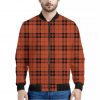 Orange And Black Tartan Pattern Print Bomber Jacket