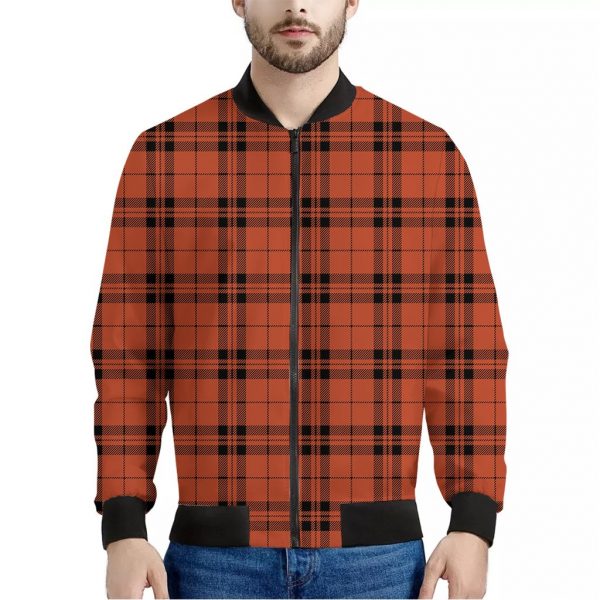 Orange And Black Tartan Pattern Print Bomber Jacket